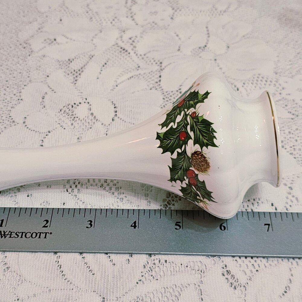 Rosina Yuletide Bud Vase 7" scalloped Christmas holly gold Queens Pottery Englan - Picture 5 of 6